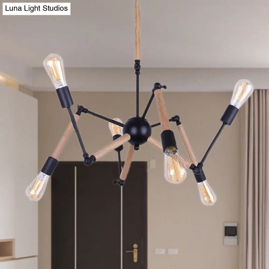 Lodge Style Open Bulb Chandelier: Adjustable 6/8-Head Wood And Metal Ceiling Light Fixture