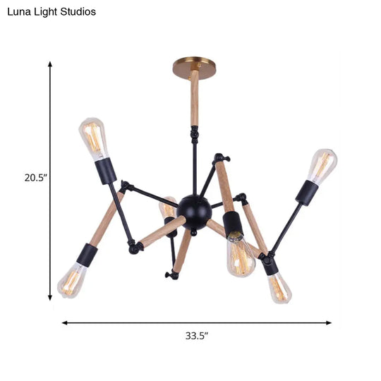 Lodge Style Open Bulb Chandelier: Adjustable 6/8-Head Wood And Metal Ceiling Light Fixture