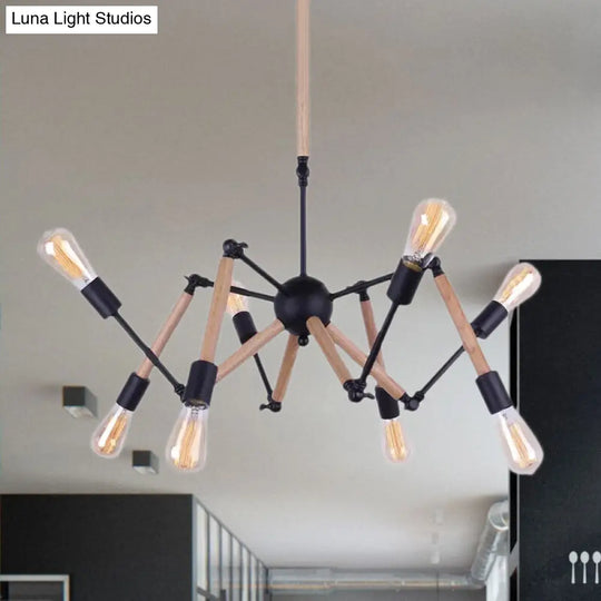 Lodge Style Open Bulb Chandelier: Adjustable 6/8-Head Wood And Metal Ceiling Light Fixture