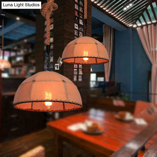 Lodge Style Hanging Lamp With Fabric And Rope Beige Dome Shade - 14/18 Pendant Light For Restaurants