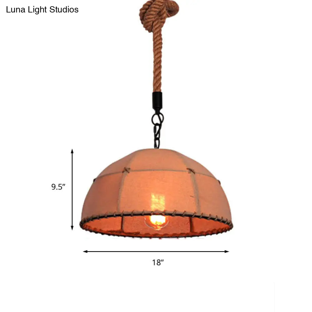 Lodge Style Hanging Lamp With Fabric And Rope Beige Dome Shade - 14/18 Pendant Light For Restaurants