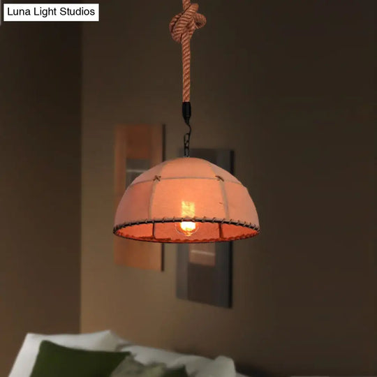 Lodge Style Hanging Lamp With Fabric And Rope Beige Dome Shade - 14/18 Pendant Light For Restaurants