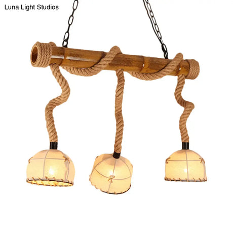 Lodge Style Island Pendant Light With 3 Fabric Dome Shades And Beige Hemp Rope