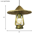 Lodge Style Rattan Pendant Light With Metal Lantern Shade - Brass 12’/18’ W
