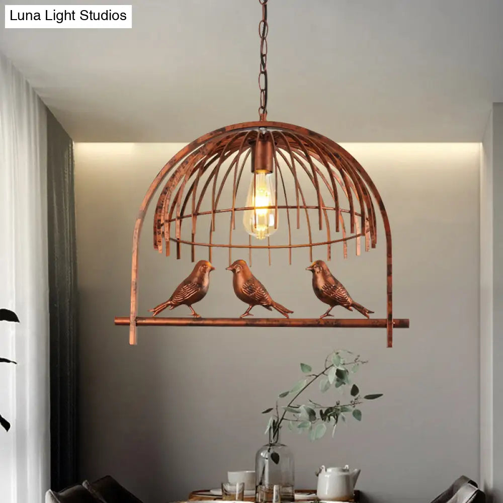 Rust Metal Suspension Lamp With Bird Decoration - Lodge Style Hanging Light