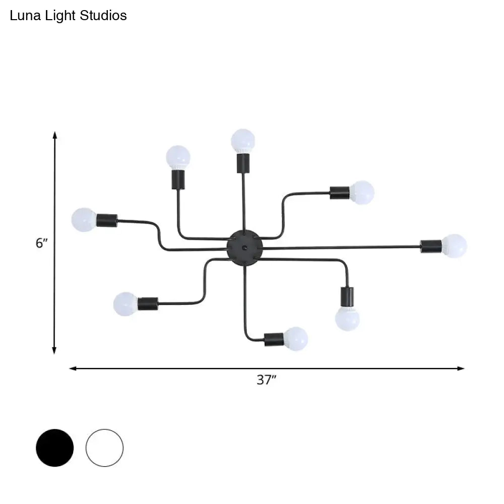 Loft Industrial Exposed Semi Flush Light Fixture - 4/6-Head Metallic Ceiling In Black/White For