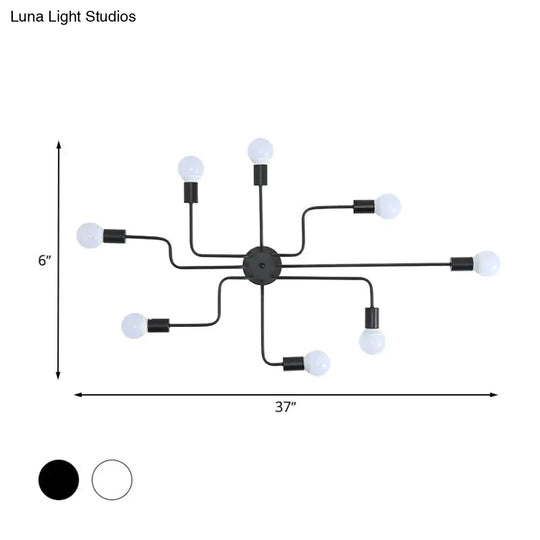 Loft Industrial Exposed Semi Flush Light Fixture - 4/6-Head Metallic Ceiling In Black/White For