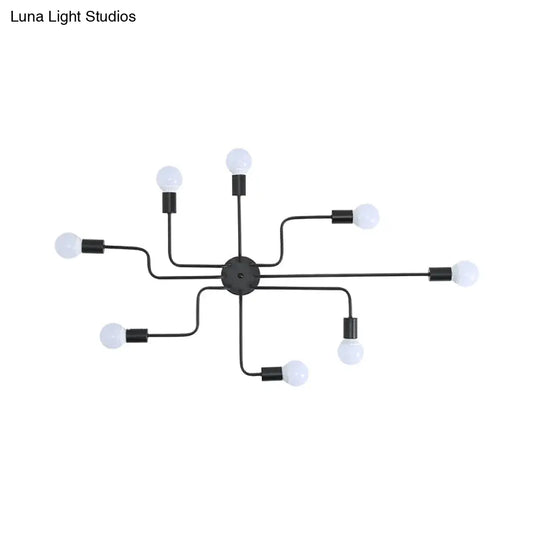 Loft Industrial Exposed Semi Flush Light Fixture - 4/6-Head Metallic Ceiling In Black/White For