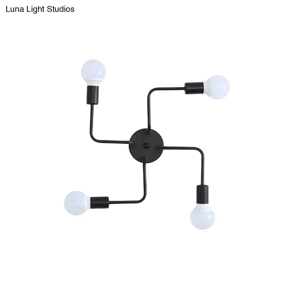 Loft Industrial Exposed Semi Flush Light Fixture - 4/6-Head Metallic Ceiling In Black/White For