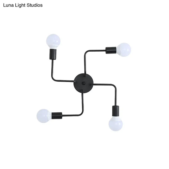 Loft Industrial Exposed Semi Flush Light Fixture - 4/6-Head Metallic Ceiling In Black/White For