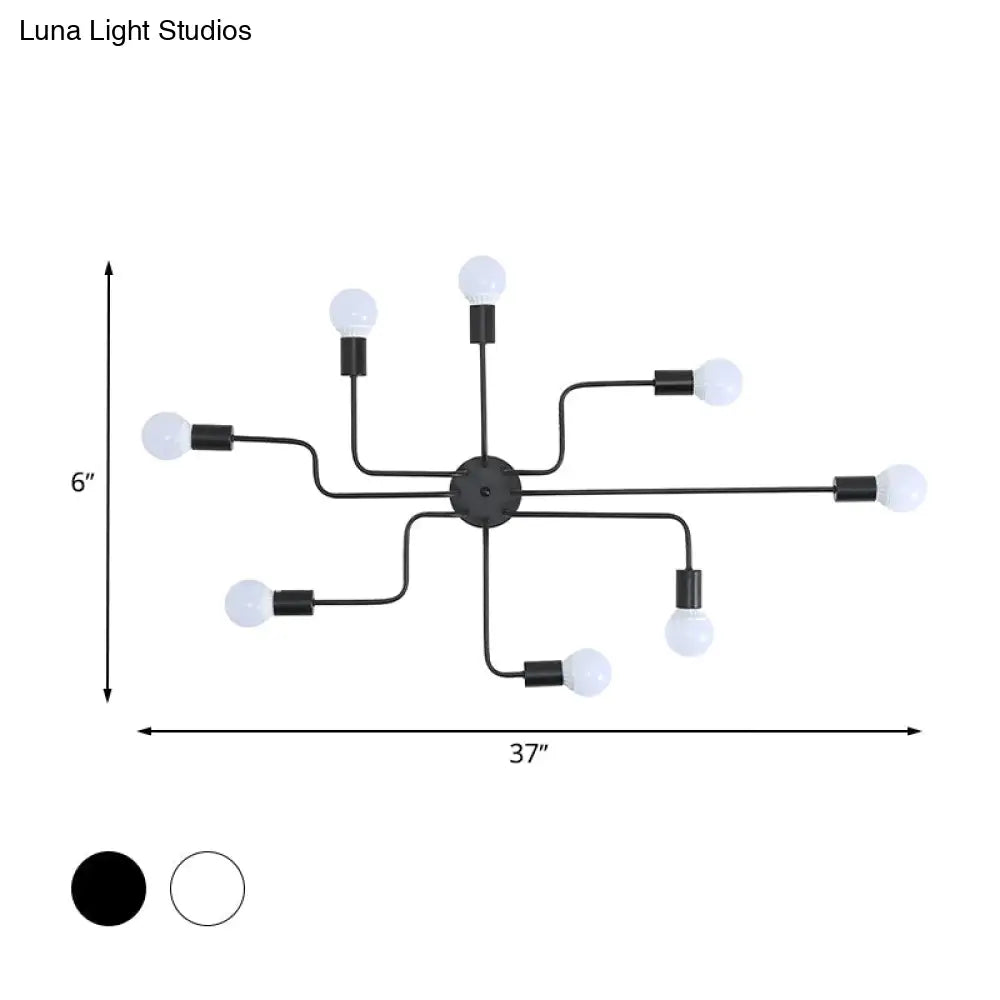 Loft Industrial Exposed Semi Flush Light Fixture - 4/6-Head Metallic Ceiling In Black/White For