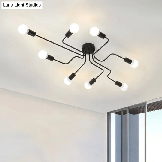 Loft Industrial Exposed Semi Flush Light Fixture - 4/6-Head Metallic Ceiling In Black/White For