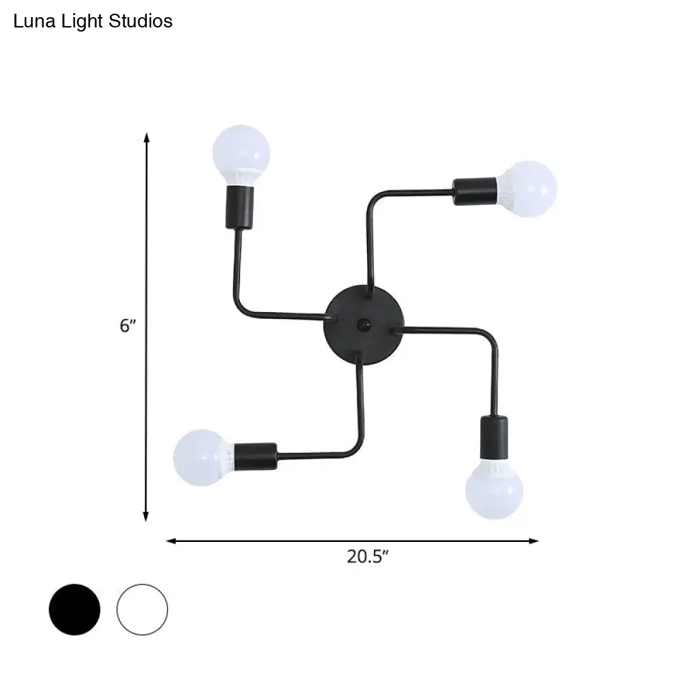 Loft Industrial Exposed Semi Flush Light Fixture - 4/6-Head Metallic Ceiling In Black/White For