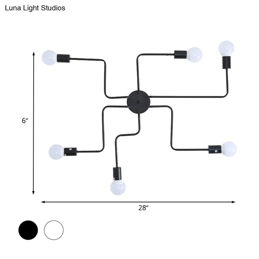 Loft Industrial Exposed Semi Flush Light Fixture - 4/6-Head Metallic Ceiling In Black/White For