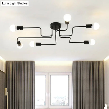 Loft Industrial Exposed Semi Flush Light Fixture - 4/6-Head Metallic Ceiling In Black/White For