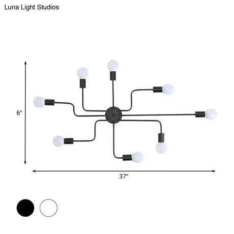 Loft Industrial Exposed Semi Flush Light Fixture - 4/6-Head Metallic Ceiling In Black/White For