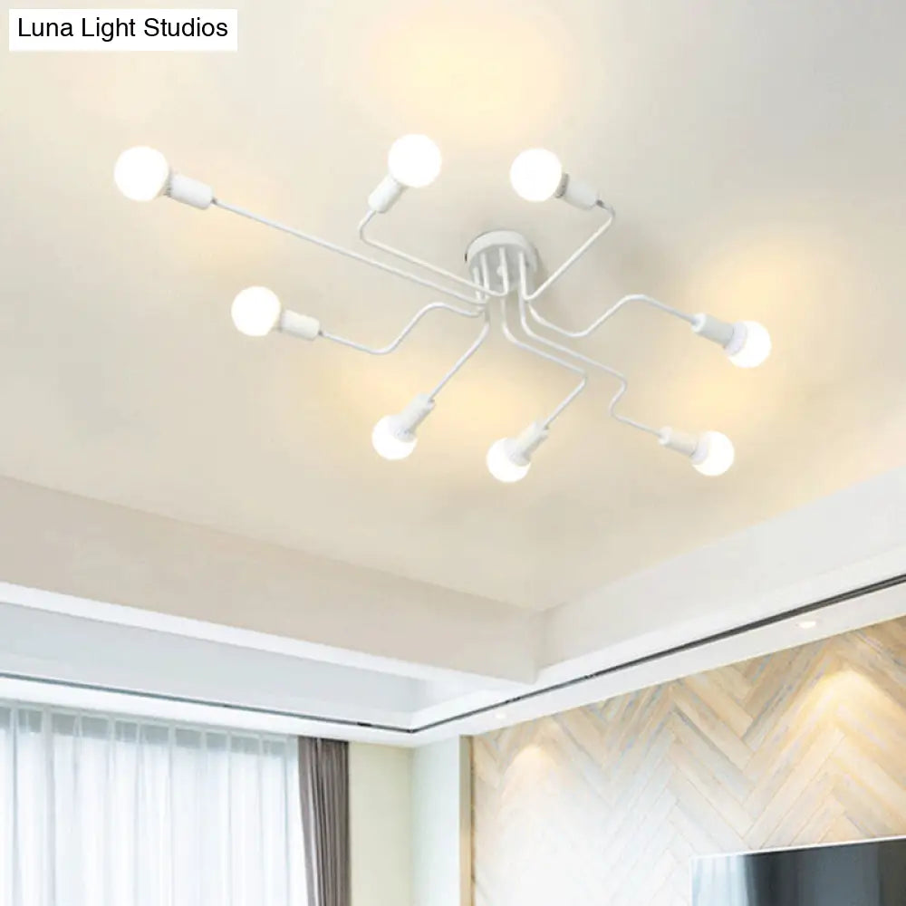Loft Industrial Exposed Semi Flush Light Fixture - 4/6-Head Metallic Ceiling In Black/White For