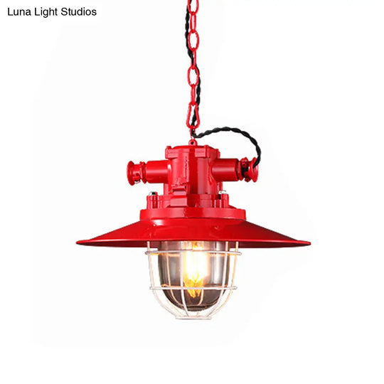 Modern Pendulum Pendant Light Kit - Metal Red/White/Blue Finish With Clear Glass Shade And Cage