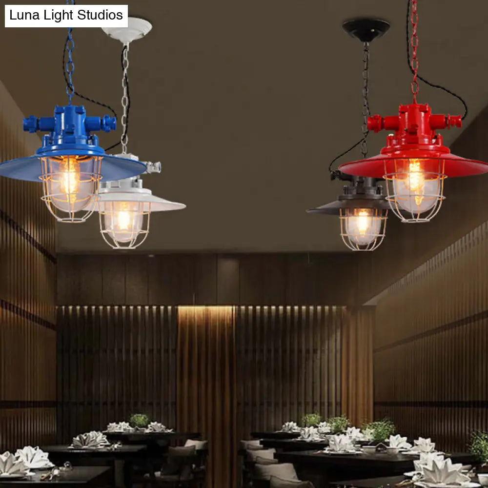 Modern Pendulum Pendant Light Kit - Metal Red/White/Blue Finish With Clear Glass Shade And Cage Red
