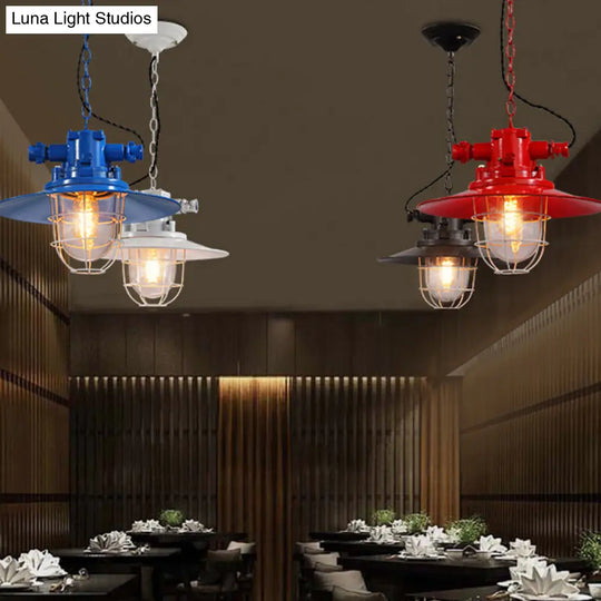 Modern Pendulum Pendant Light Kit - Metal Red/White/Blue Finish With Clear Glass Shade And Cage Red