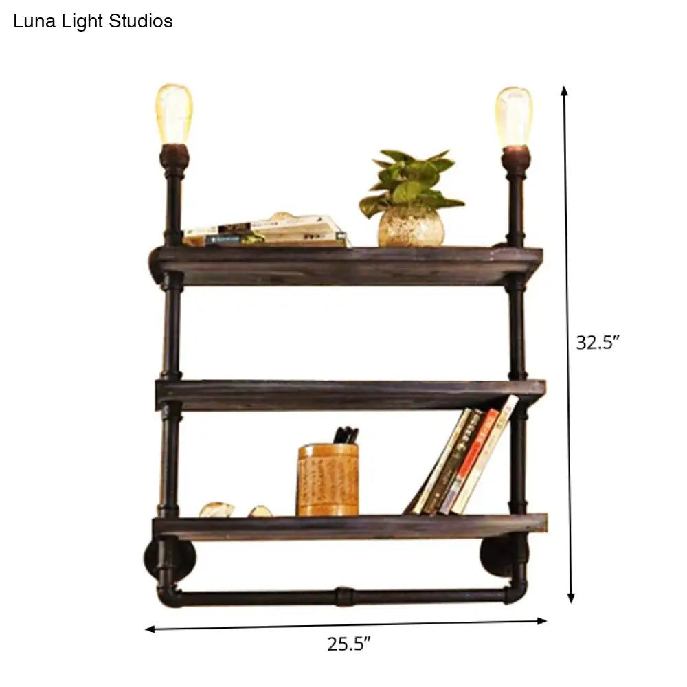Loft Style 3-Tier Pipe Shelf Wall Lamp With Black Iron Finish And 2 Lights