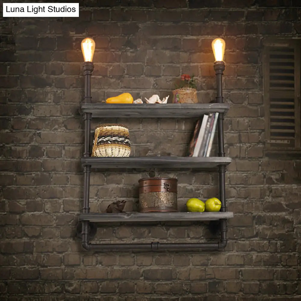 Loft Style 3-Tier Pipe Shelf Wall Lamp With Black Iron Finish And 2 Lights