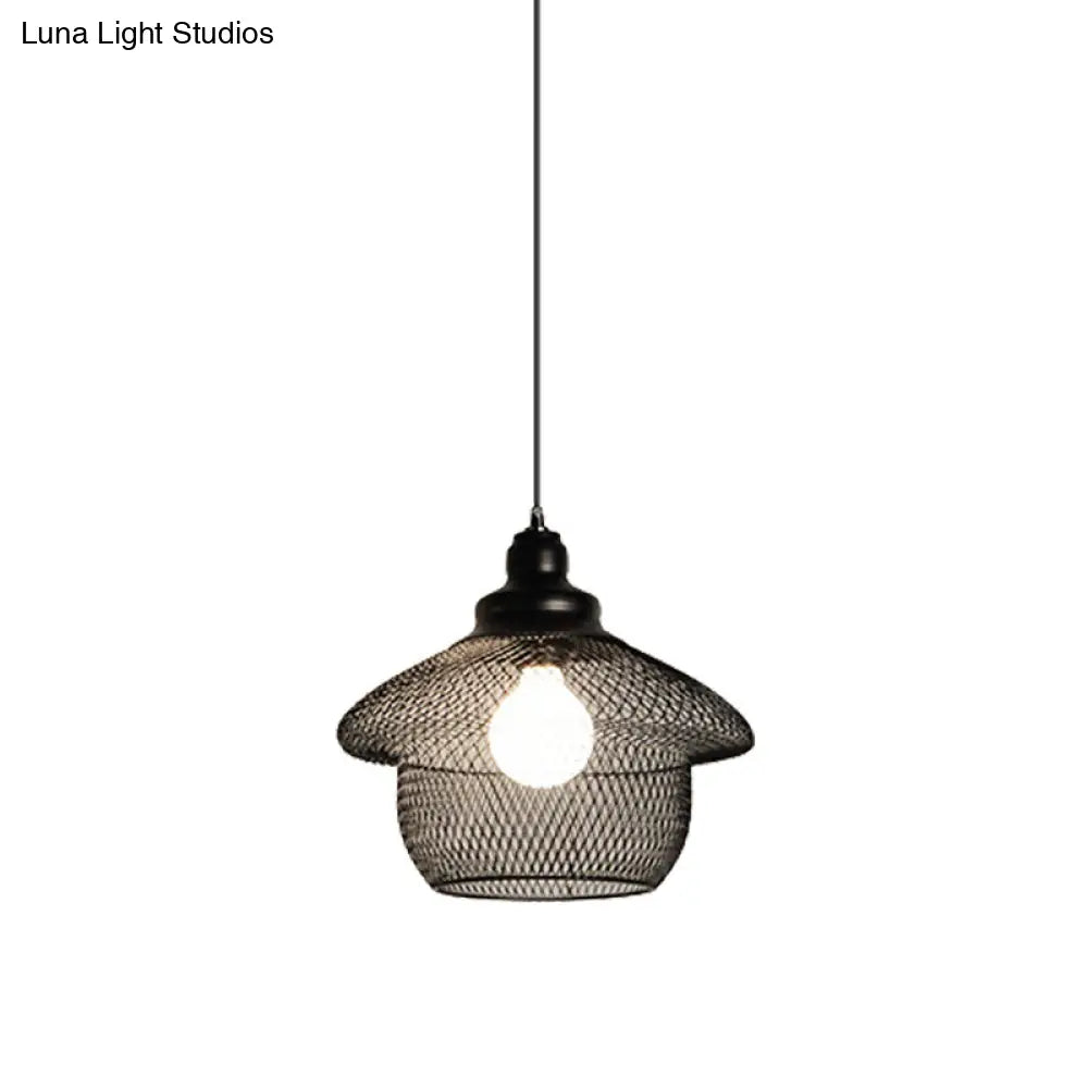 Mesh Drop Pendant Loft Style Black Iron Ceiling Lamp - 1-Light Dome/Bell/Oval Design For Dining Room