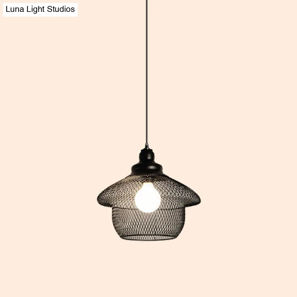 Loft Style Black Iron Mesh Drop Pendant Ceiling Suspension Lamp For Dining Room - 1-Light