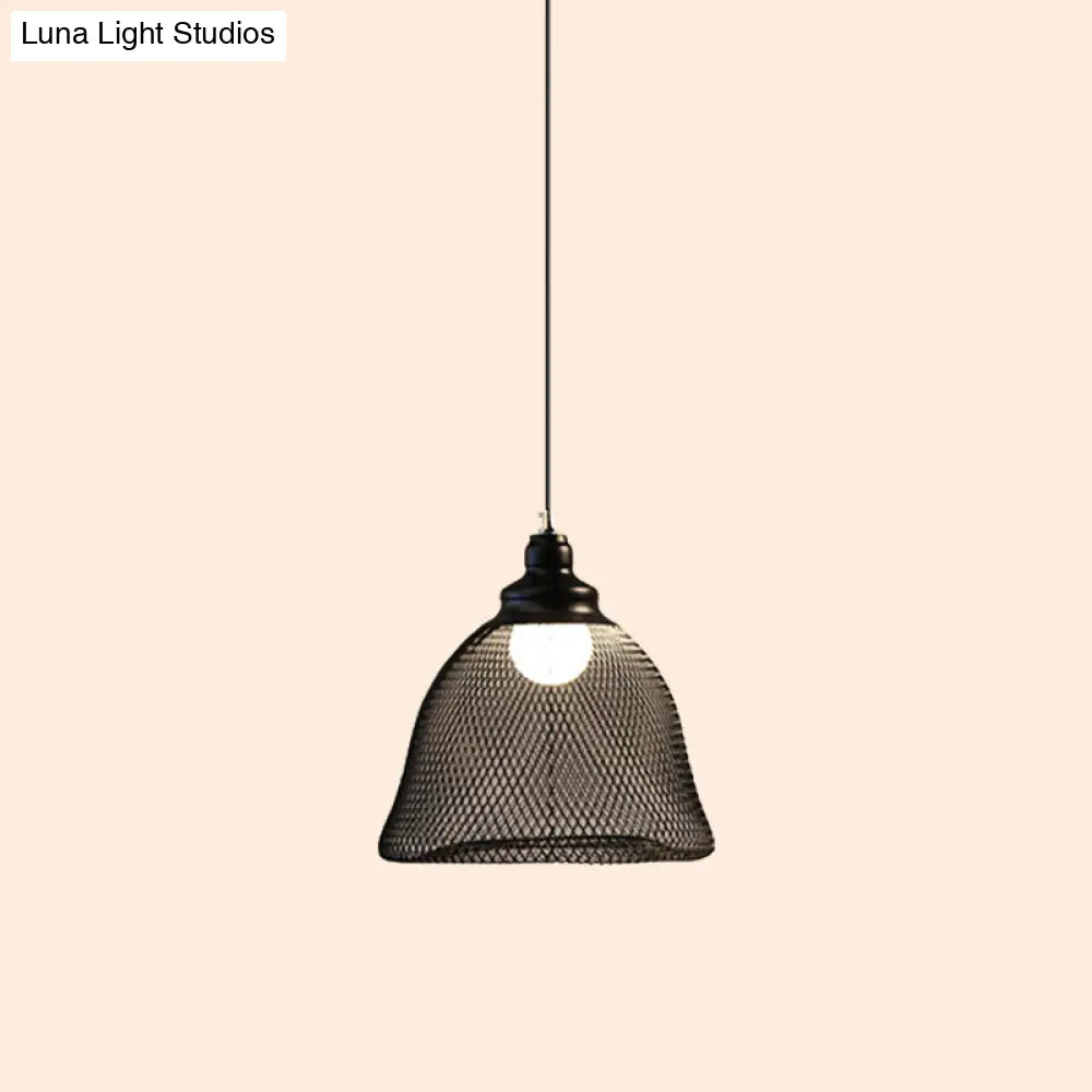 Mesh Drop Pendant Loft Style Black Iron Ceiling Lamp - 1-Light Dome/Bell/Oval Design For Dining Room