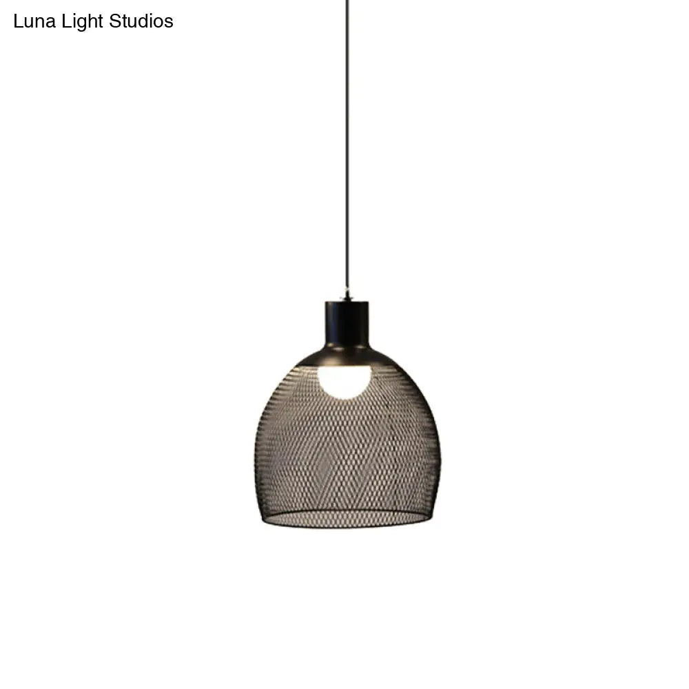 Mesh Drop Pendant Loft Style Black Iron Ceiling Lamp - 1-Light Dome/Bell/Oval Design For Dining Room