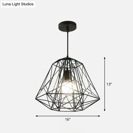 Iron Wire Diamond Pendant Lamp - Loft Style Ceiling Hang Light In Black With 1 Bulb For Restaurants