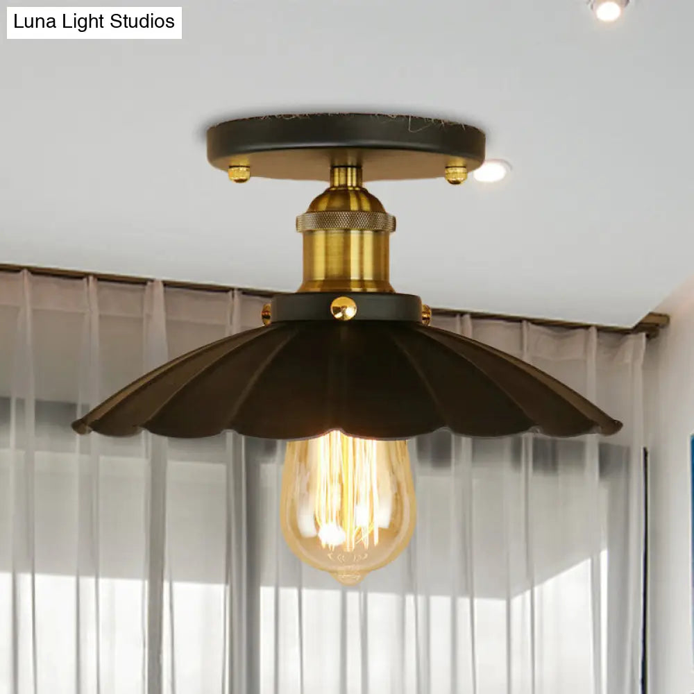 Loft Style Black Scalloped Edge Semi Flush Mount Light - 2 Lights Metal Ceiling Mounted Indoor