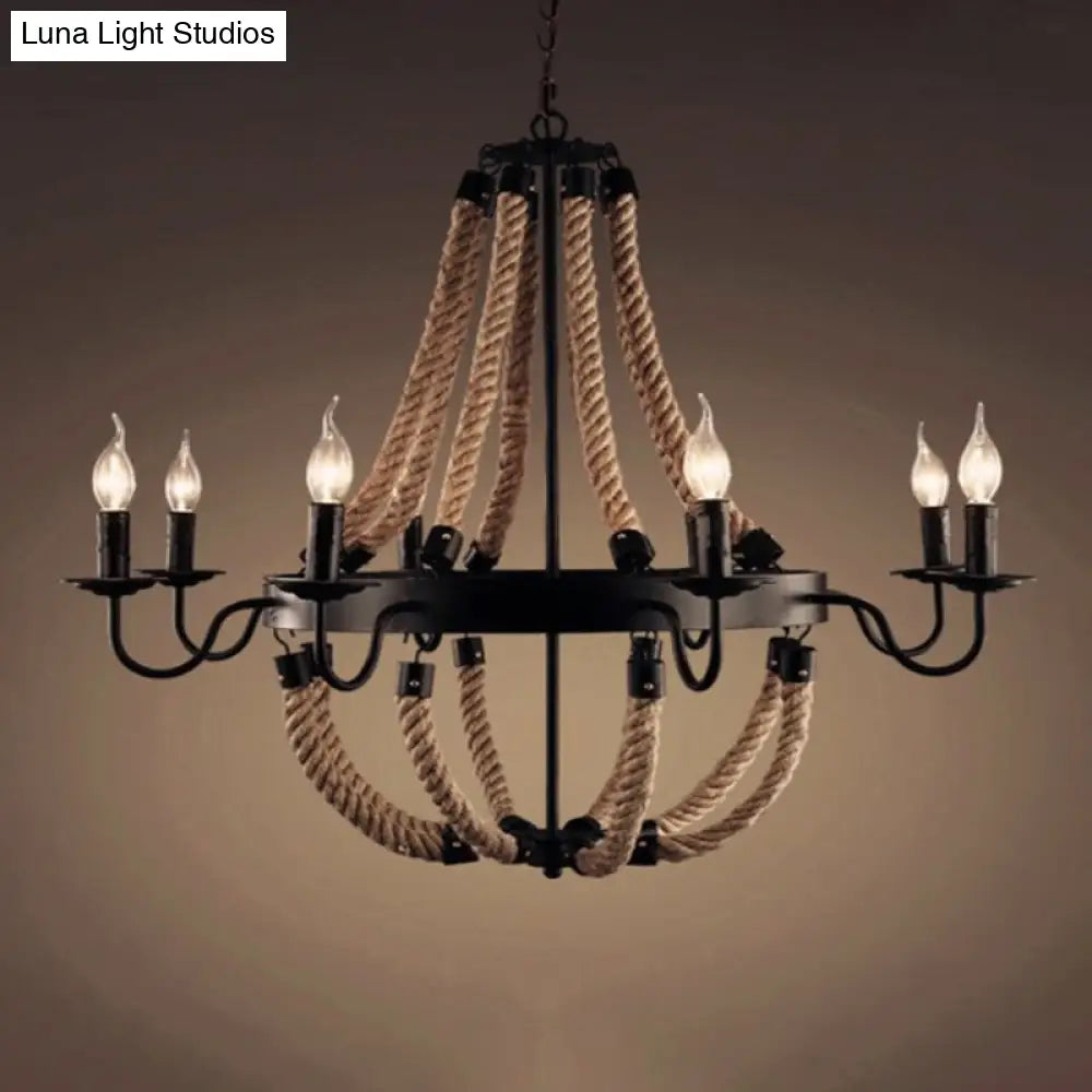 Loft Style Candelabrum Chandelier With 8 Bulbs And Hemp Rope - Black Hanging Lamp For Living Room