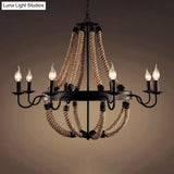 Loft Style Candelabrum Chandelier With 8 Bulbs And Hemp Rope - Black Hanging Lamp For Living Room