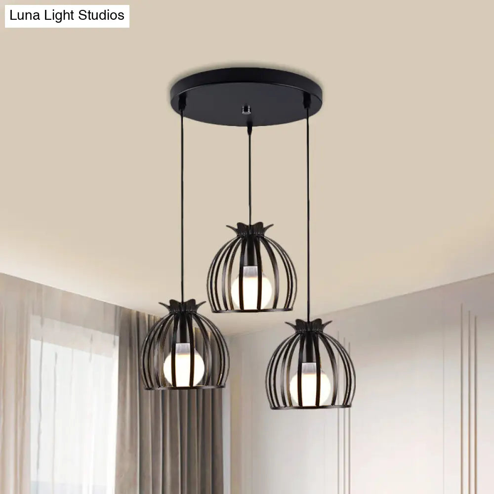 1 Industrial Loft Dome Cage Pendant Light In Black/White For Living Room Black / Round