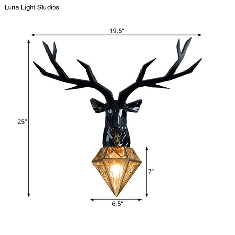 Loft Style Elk Resin Wall Lamp With Diamond Cage Shade - Black/White/Gold Sconce Light 14.5/19.5 W