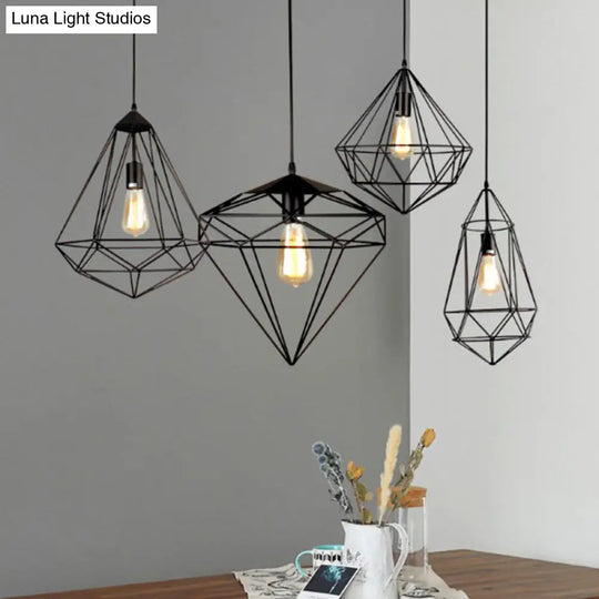 Iron Wire Cage Pendant Lamp - Loft Style 1-Head Suspension Light Fixture For Dining Room Black /