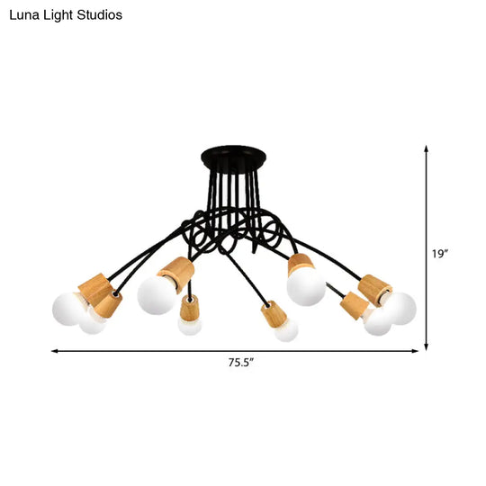 Loft Style Metal Ceiling Light With Open Bulb & Twisted Arm – 3/5 Lights Wood Accent Perfect For
