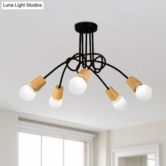 Loft Style Metal Ceiling Light With Open Bulb & Twisted Arm – 3/5 Lights Wood Accent Perfect For