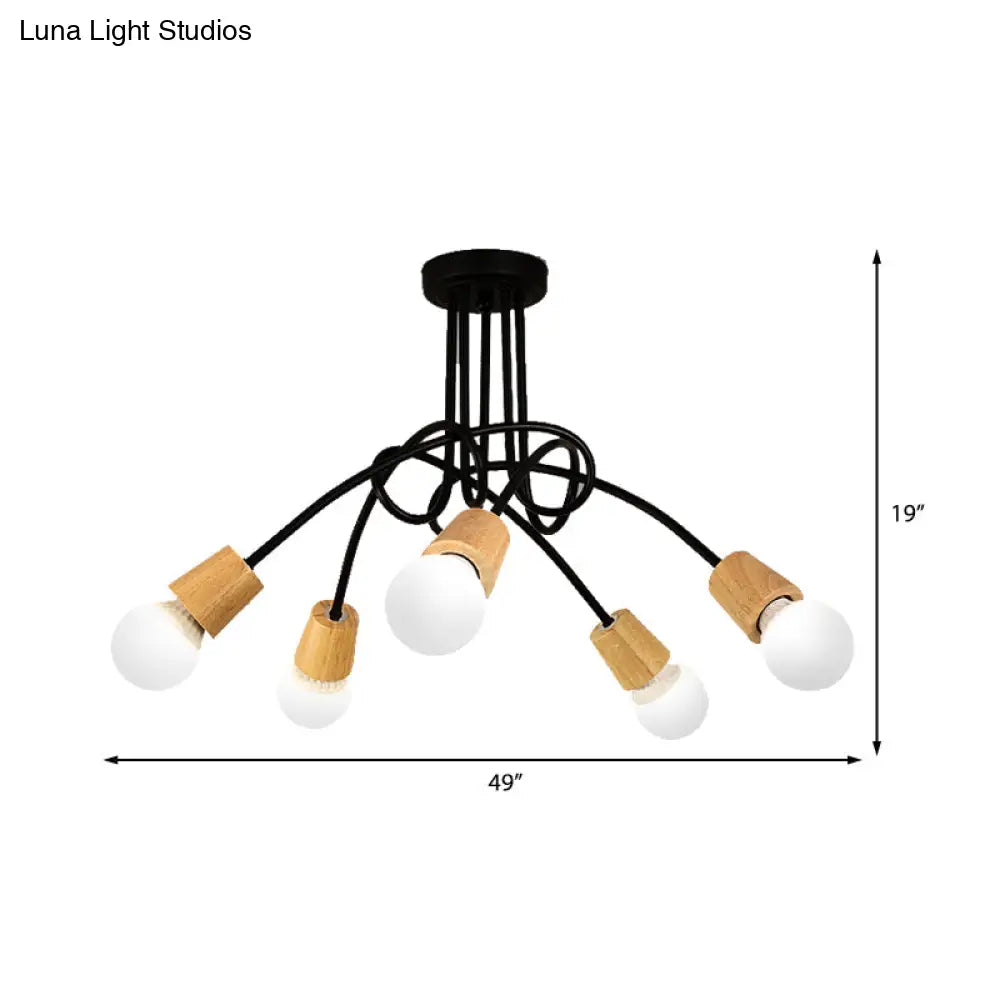 Loft Style Metal Ceiling Light With Open Bulb & Twisted Arm – 3/5 Lights Wood Accent Perfect For