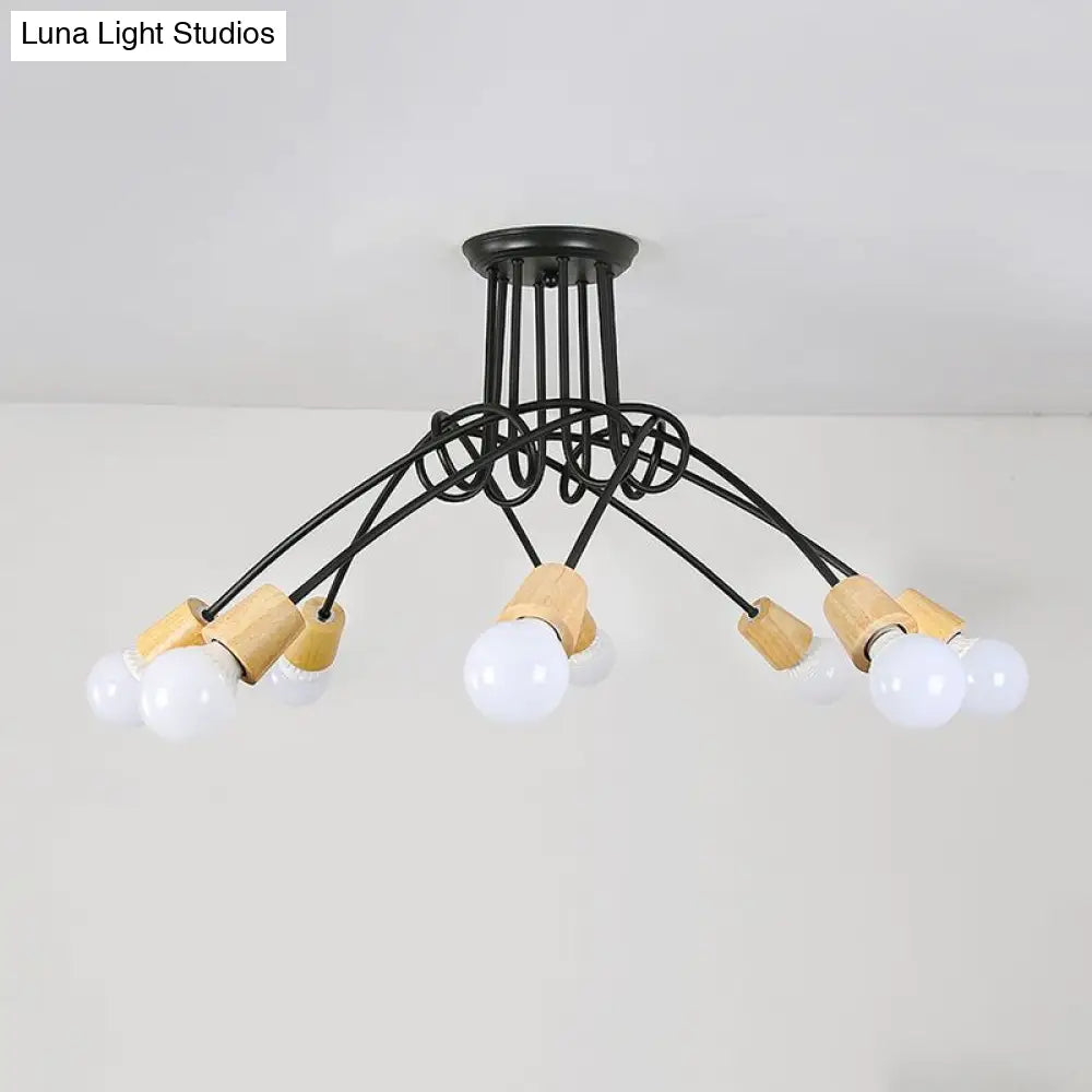 Loft Style Metal Ceiling Light With Open Bulb & Twisted Arm 3/5 Lights Wood Accent Perfect For