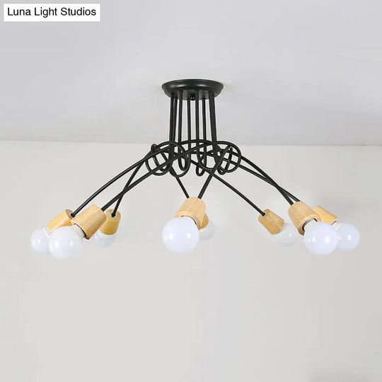 Loft Style Metal Ceiling Light With Open Bulb & Twisted Arm 3/5 Lights Wood Accent Perfect For