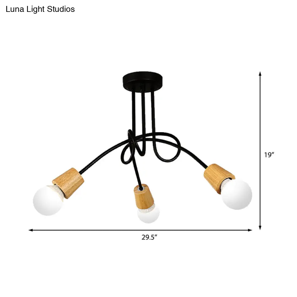 Loft Style Metal Ceiling Light With Open Bulb & Twisted Arm 3/5 Lights Wood Accent Perfect For