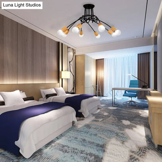 Loft Style Metal Ceiling Light With Open Bulb & Twisted Arm 3/5 Lights Wood Accent Perfect For