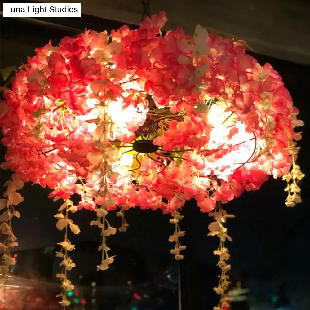 Loft Style Metal Pendant Light Fixture With Fake Flowers - 3-Bulb Round Hanging Lamp For Restaurants