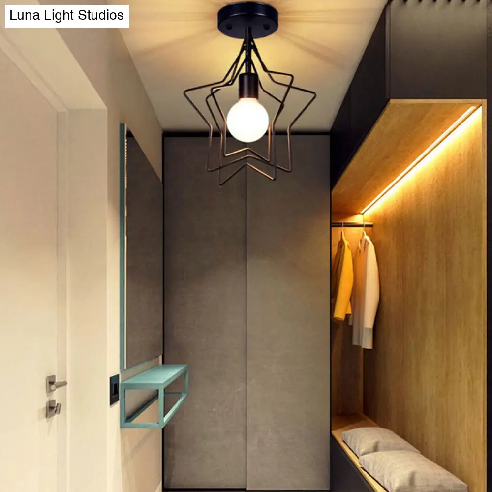 Loft Style Metal Star Frame Semi-Flush Ceiling Light In Black/Gold For Corridor Black