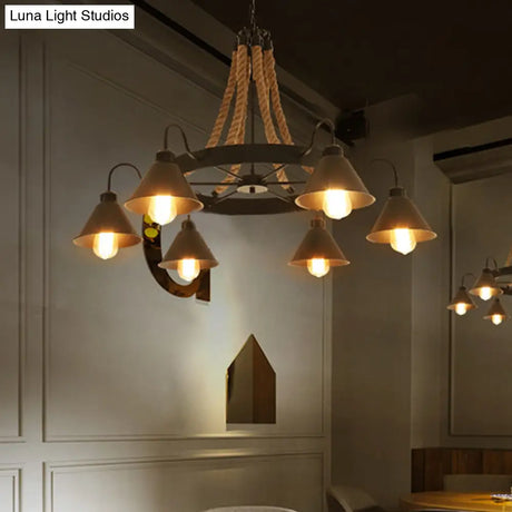 Loft Style Rope Chandelier With Cone Metal Shade - Brown Pendant Light 6/8 Heads