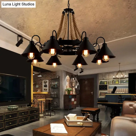 Loft Style Rope Chandelier With Cone Metal Shade - Brown Pendant Light 6/8 Heads