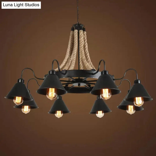 Vintage Rope Pendant Light With Metal Cone Shade - Wheel Restaurant Chandelier Loft Style Brown 6/8