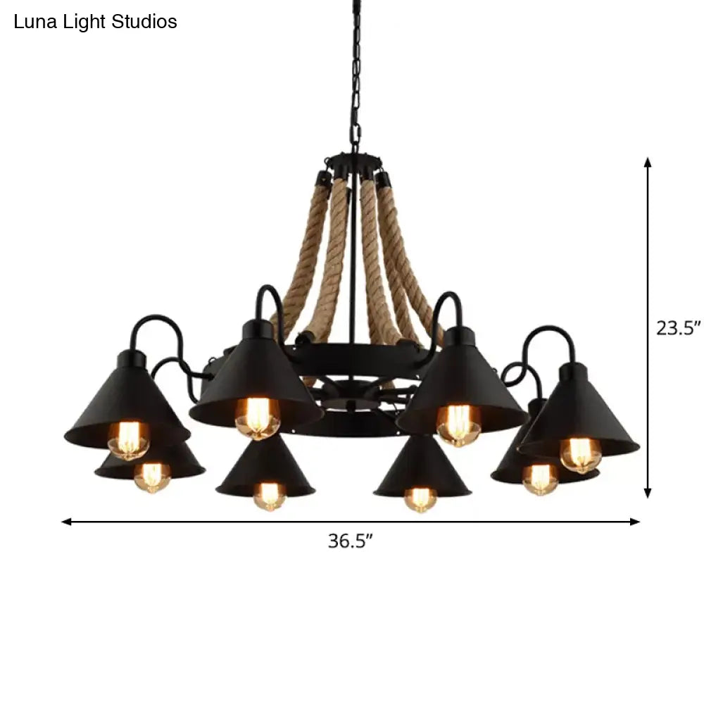 Loft Style Rope Chandelier With Cone Metal Shade - Brown Pendant Light 6/8 Heads